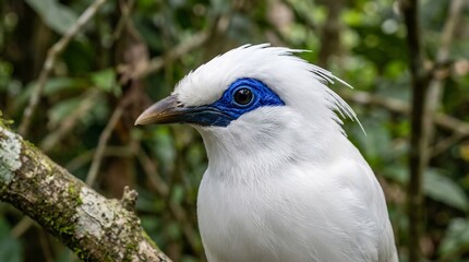 Fototapeta premium Critically endangered white Bali myna bird endemic to Indonesia perched on branch in forest