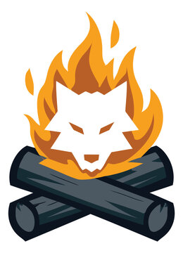 Cartoon illustration of a wolf face in campfire flames depicting a fierce mascot with crossed logs for sports and gaming design
