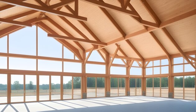 A community center with a timber frame structure and clerestory windows drawing in daylight, interior view