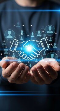 Digital Partnership - Handshake Hologram in Open Hands for Collaboration.