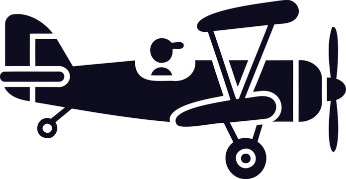 Vintage biplane aircraft with single propeller and pilot silhouette flying through sky