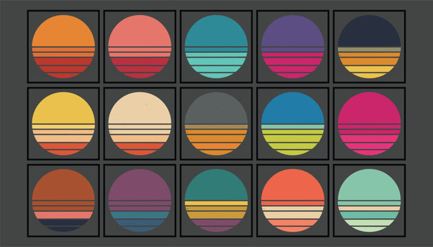 Retro colorful sunset circle icons set featuring horizontal stripes in typical eighties synthwave colors.