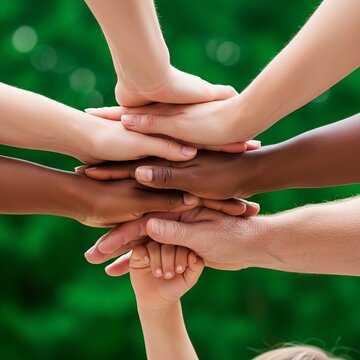 Diverse hands stacked together in a show of unity and teamwork.