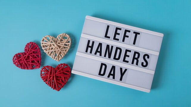 Left Handers Day lightbox with decorative hearts on a blue background