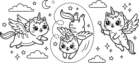 Fototapeta premium Cute Unicorn Cat Coloring Page with Wings, Stars, Moon, and Clouds for Kids Coloring Book and Fantasy Designs