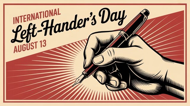 Vintage illustration for International Left-Hander's Day with a hand holding a fountain pen.