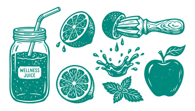 Healthy wellness juice and refreshing citrus splash vector stamp illustration. Emerald green mason jar with straw, lime halves, wooden reamer juicer, mint leaf, and apple.