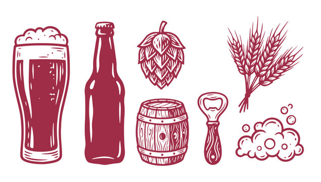 Vintage hand drawn beer icons set with glass, bottle, hops, wheat and brewing elements.