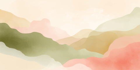 Fototapeta premium Abstract watercolor grunge background with mountains, clouds and misty sunset sky, nature landscape illustration with blue horizon, sun and fog vector wallpaper