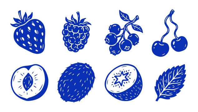 Linocut and woodcut style summer berries and sliced fruits vector icon set. Featuring block print style strawberry, raspberry, blueberry branch, cherries, peach half, kiwi, and mint leaf.
