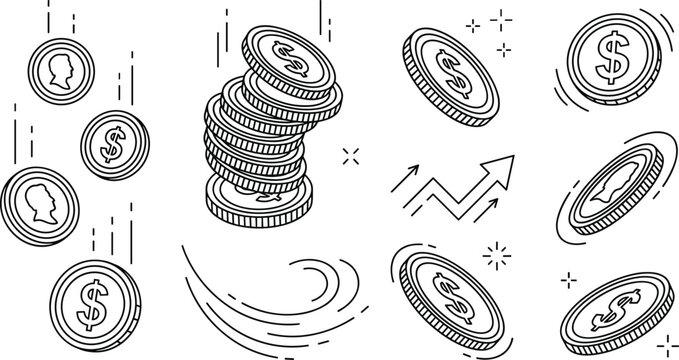 Finance and banking vector icon set featuring falling dollar coins stack of money upward growth arrow speed trails and rotating currency elements on white background.