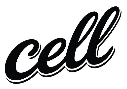 Retro script cell typography, vintage black and white lettering, hand-drawn cursive word cell vector, minimalist logo design element