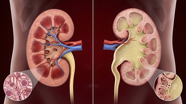 Medical illustration comparing a healthy human kidney with a diseased kidney showing hydronephrosis