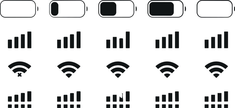 Smartphone status bar icon set showing battery levels wifi internet signal and cellular network connectivity indicators