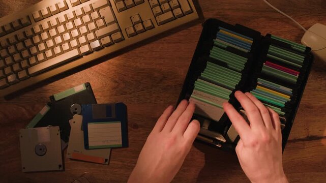 Floppy disc FDD close up, Using diskette for old PC computer macro. Archive programme or Music recorder, playing retro computer games. Vintage device for office, obsolete technology. 