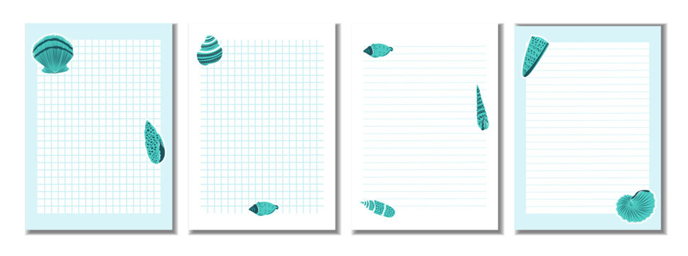 Coastal stationery template set with seashell stickers. Printable lined and grid note paper collection for planners, journals, notebooks, letters and daily writing.