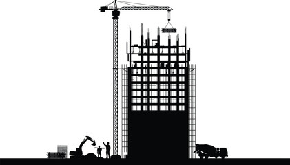 Construction site building skyscraper silhouette vector illustration with tower crane excavator cement mixer truck engineers and structure scaffolding development (Exactly 20 words) © MdAjijul