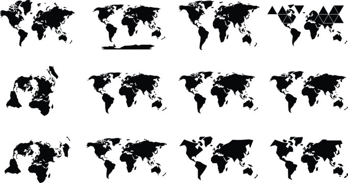 Collection of diverse world map silhouettes showing different cartographic projections and global geography design concepts