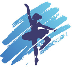 Navy blue ballet dancer silhouette in elegant pose over bold blue brushstrokes. A graceful and feminine design perfect for apparel sublimation prints and dance themed merchandise. © roberta
