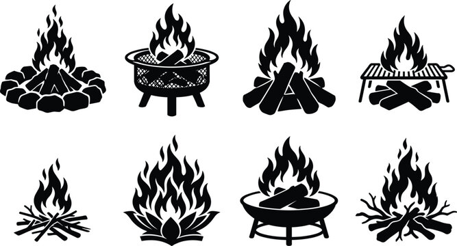 Collection of campfire and fire pit silhouettes with logs, rocks, grills, and stylized flames for outdoor design projects