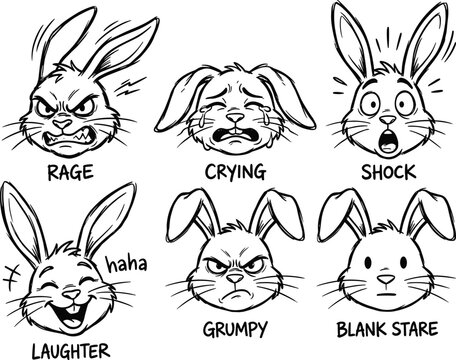 Funny Rabbit Face Expression Set with Rage, Crying, Shock, Laughter, Grumpy, and Blank Stare Emotions for Sticker, Cartoon, and Character Designs