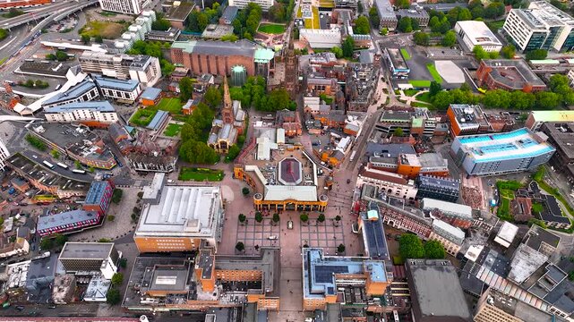 Aerial view of Coventry, a city in central England known for the medieval Coventry Cathedral and statue of lady Godiva