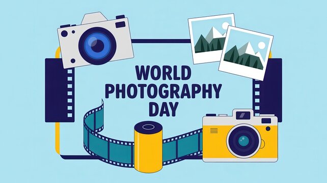 World Photography Day graphic design with cameras, film roll and photos on blue background