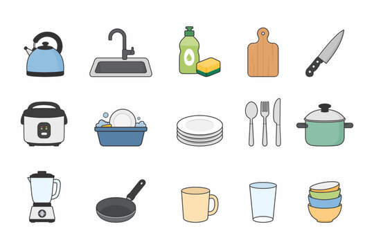 Kitchen Utensils and Appliances Icon Set &ndash; Modern Flat Vector Collection for Cooking, Cleaning and Household Essentials