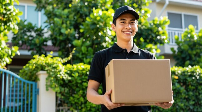 Smiling delivery man in uniform holds package outside house. Young courier carries cardboard box to customer door. Fast local shipping service, logistics job.
