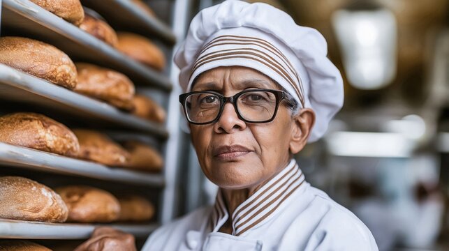 Candid portrait of senior chef wearing glasses in bakery kitchen, bread racks behind, close up