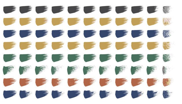 Complete paint swatches test kit showing multiple dry brush dab patterns in black gold blue orange green colors.