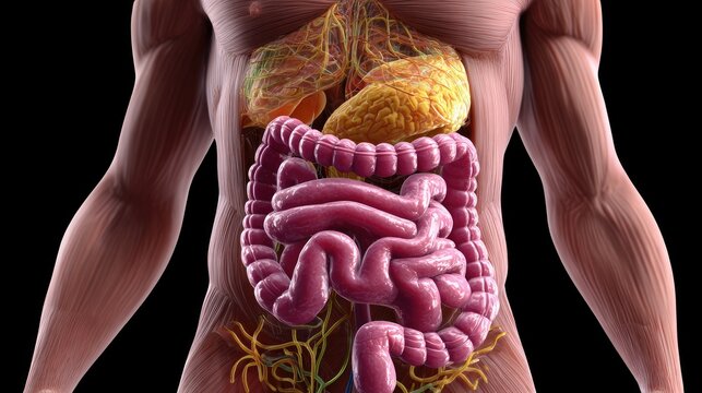 Digestive System Anatomy: A detailed 3D illustration showcases the human digestive system, highlighting the intricate network of organs responsible for breaking down food and absorbing nutrients.