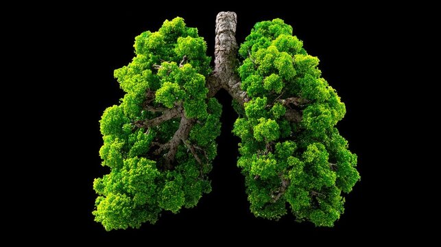 Lungs made of Trees: A surreal and symbolic representation of healthy lungs formed entirely from lush green trees against a stark black background.