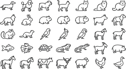 Pet and Domestic Animal Line Icon Set with Dog Breeds, Cat, Rabbit, Hamster, Parrot, Iguana, Horse, Cow, and Goat for Animal Designs © MdMustak