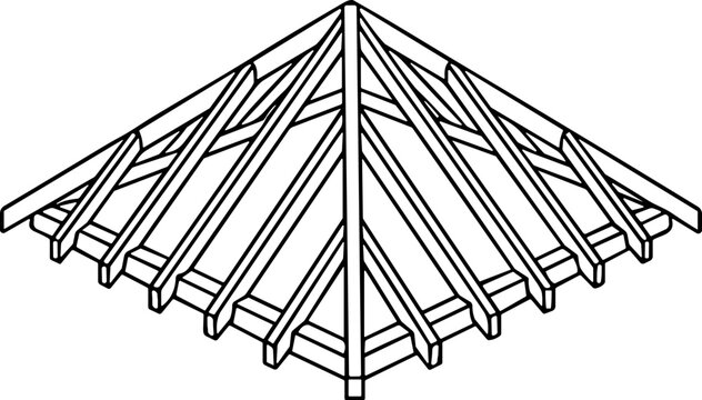 Isometric view of wooden roof truss structure, construction, architectural design