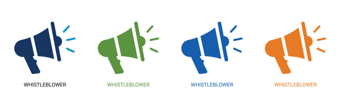Whistleblower and corporate compliance solid icon set, megaphone alert announcement, legal report corruption witness protection vector.
