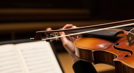 Naklejka premium Close-up of a musician playing a violin with sheet music in the foreground in a dimly lit setting