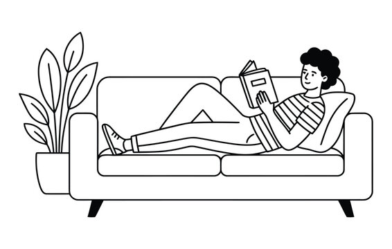 Relaxing reader a line art illustration of a man enjoying a book on a modern sofa with indoor plant