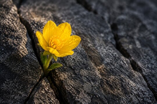 A yellow flower blooming from a crack in dark gray granite rock.