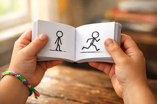 Hands Holding a Flipbook Showing Stick Figure Animation of Movement