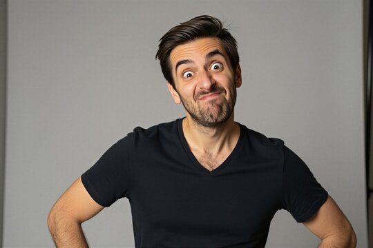 Man with crazy eyes and funny face squints. Young guy making silly expression with hands on hips. Adult male, casual, indoor, studio, playful mood.