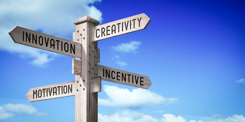 Fototapeta premium Creativity, Innovation, Incentive, Motivation - wooden signpost with four arrows - 3D rendering