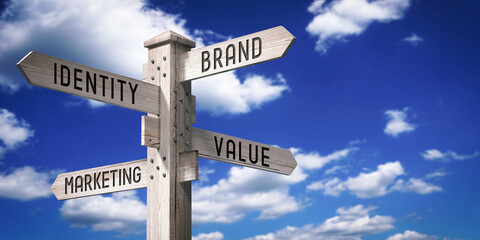 Obraz premium Brand, Identity, Value, Marketing - wooden signpost with four arrows - 3D rendering