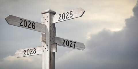Fototapeta premium 2025, 2026, 2027, 2028 - wooden signpost with four arrows - 3D rendering