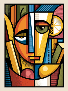 A stylized, colorful pop-art illustration of an abstract human face incorporated with culinary elements, featuring bold lines, geometric shapes, and a textured finish.