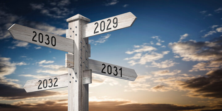 2029, 2030, 2031, 2032 - wooden signpost with four arrows - 3D rendering