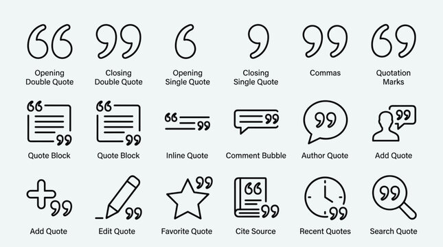 Set of quotation marks and speech bubble line icons like opening double quote closing single quote commas quotation marks and quote block.