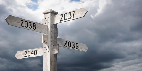 Fototapeta premium 2037, 2038, 2039, 2040 - wooden signpost with four arrows - 3D rendering