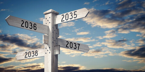 Fototapeta premium 2035, 2036, 2037, 2038 - wooden signpost with four arrows - 3D rendering
