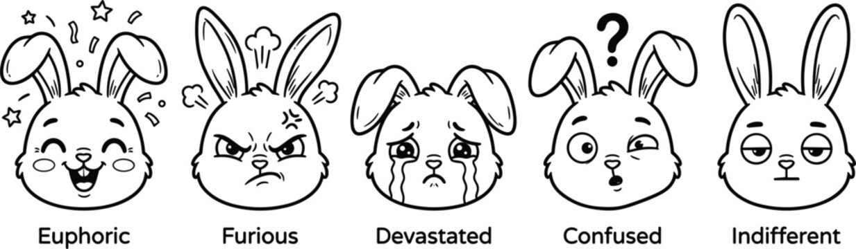 Rabbit Face Expression Set with Euphoric, Furious, Devastated, Confused, and Indifferent Emotions for Sticker and Cartoon Character Designs
